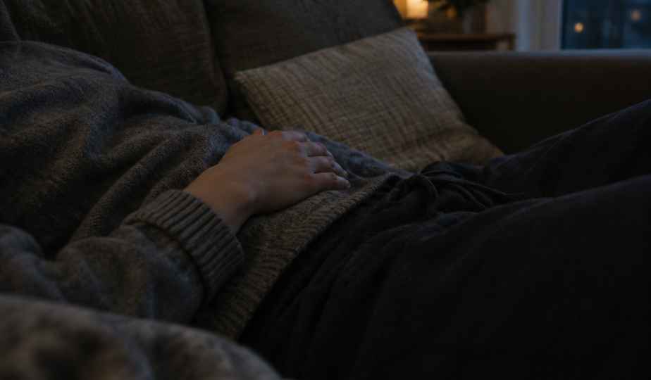 A hand resting on an aching abdomen