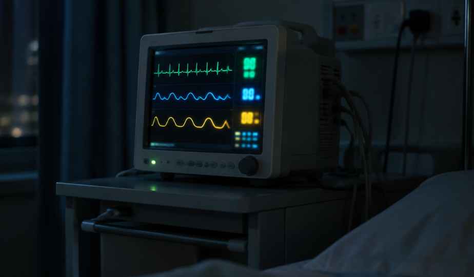 A bedside monitor tracing a pulse