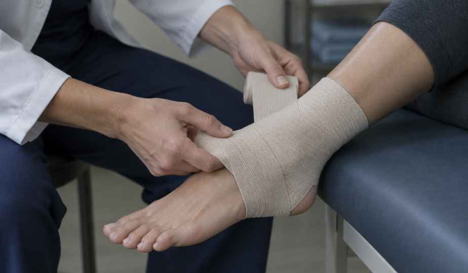 An ankle being bandaged