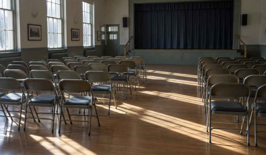 An empty community hall with rows of folding chairs and bright bars of sunlight falling across a wooden floor.