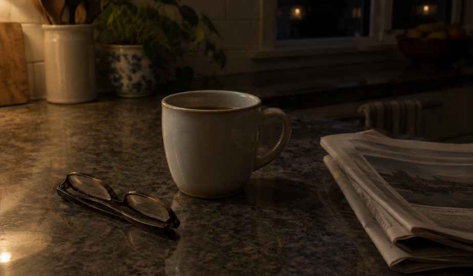 A kitchen counter late at night: reading glasses folded beside a half-finished mug of tea gone cold, and a newspaper pushed aside.