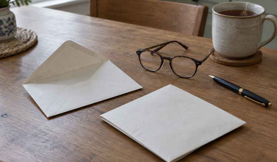 An opened envelope and a folded letter lying face down on a kitchen table beside reading glasses, a pen and a mug of tea.