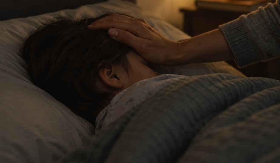 An adult’s hand resting gently on a sleeping child’s forehead in a dim bedroom.