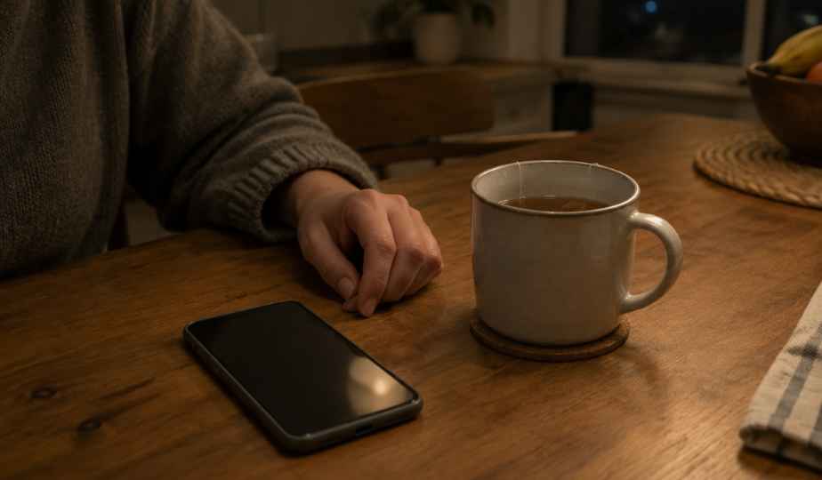 A kitchen table at night: a phone lying face up beside a half-finished mug of tea, one hand resting near it.