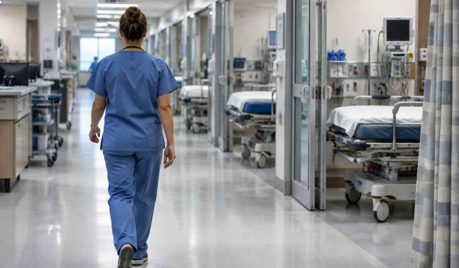 Down the treatment corridor — patient rooms on one side, the nurses’ station on the other.