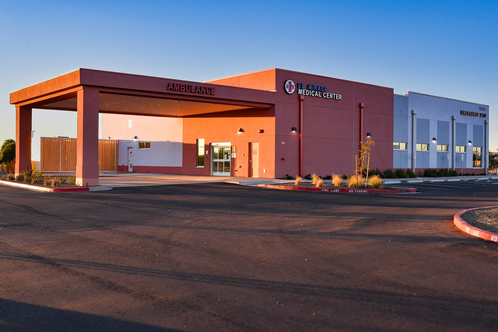 El Mirage ER's covered ambulance bay at golden hour.