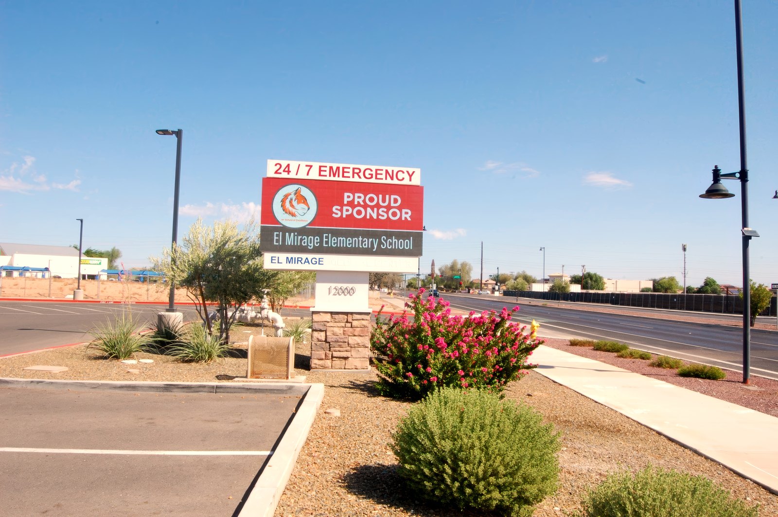 The El Mirage ER monument sign carrying a message for El Mirage Elementary School.