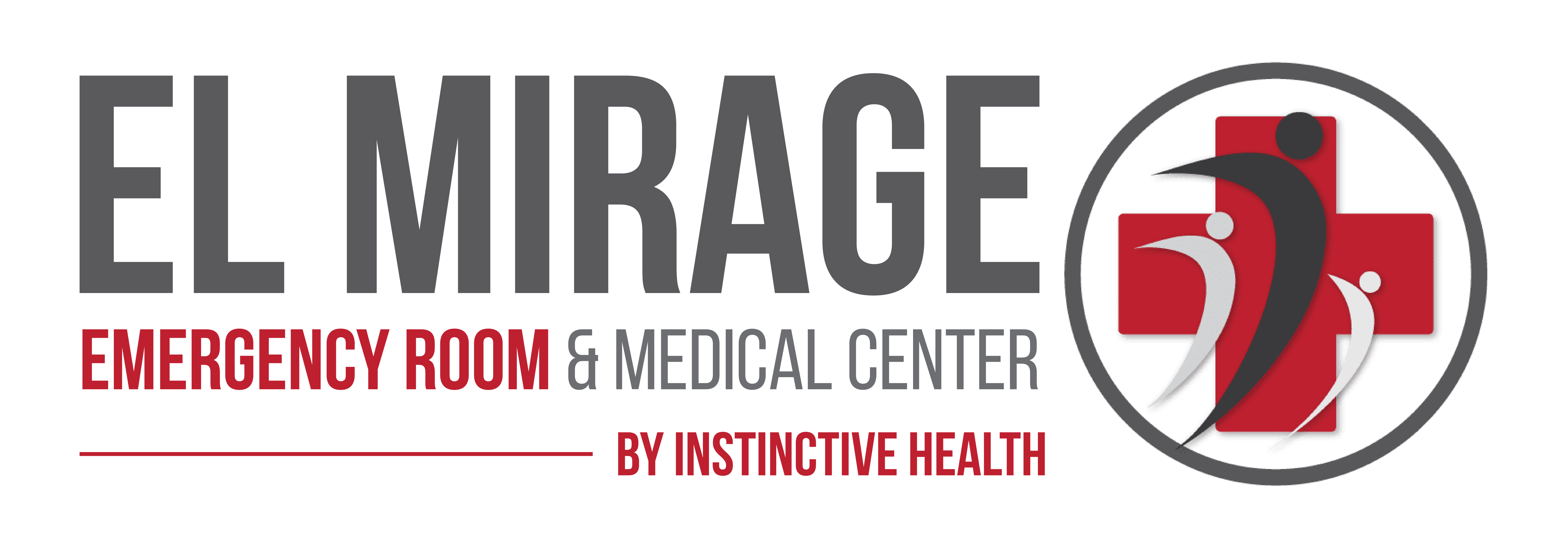 El Mirage Emergency Room & Medical Center by Instinctive Health logo: EL MIRAGE in grey, EMERGENCY ROOM in red, beside three figures over a red cross in a grey circle.